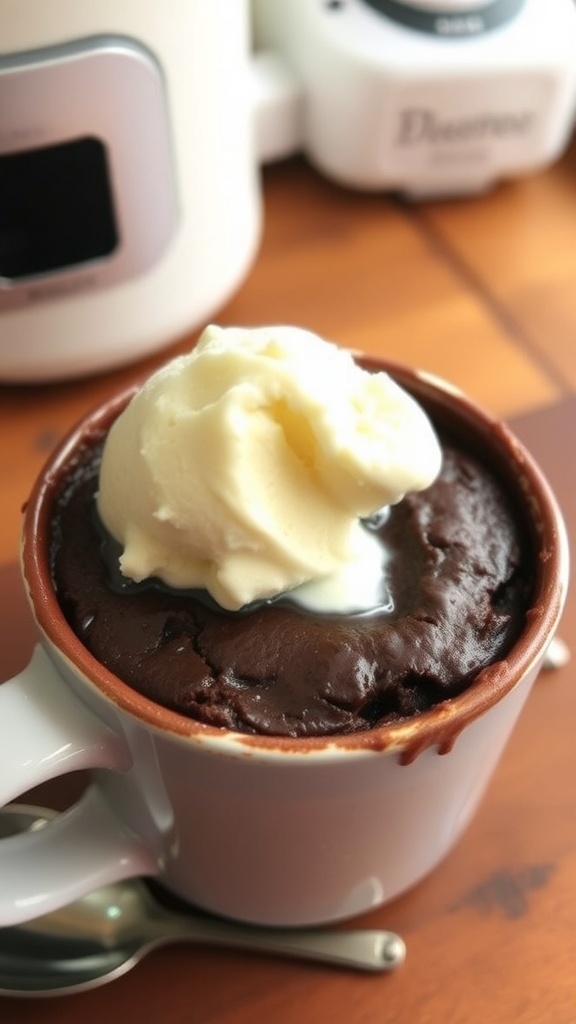 A mug filled with a warm brownie topped with melting ice cream on a wooden table.